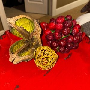 Three Decorative deep cranberry, lime green, and tan and Orbs